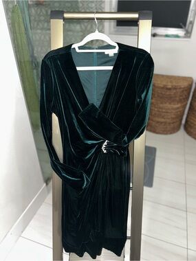 Calvin Klein Emerald Green Velvet Wrap Dress with Brooch Accent